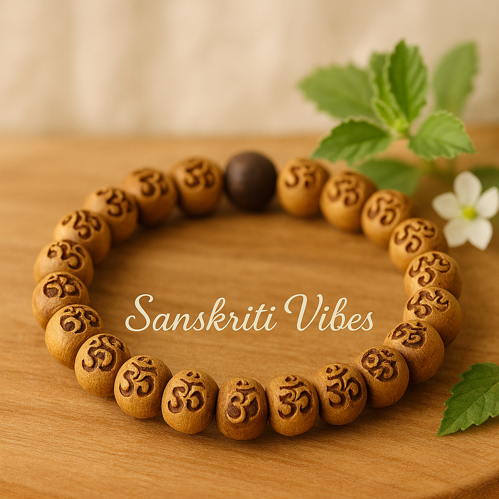 Om Carved Tulsi Beads Bracelet in Elastic Pattern – Sacred Spiritual Bracelet for Devotees