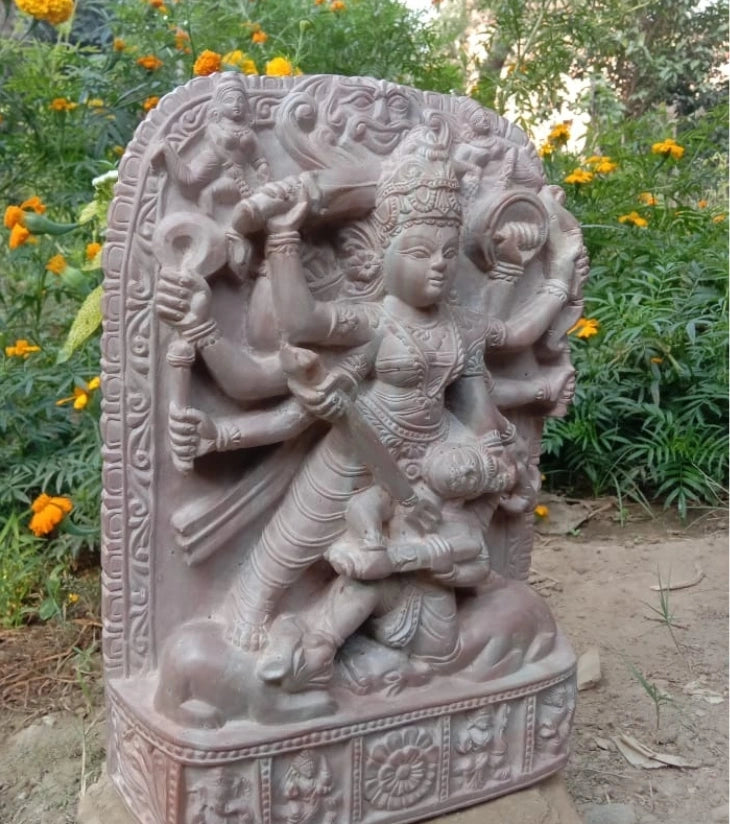 Soapstone Carving – Goddess Durga Slaying Mahishasura – Handcrafted Spiritual Masterpiece