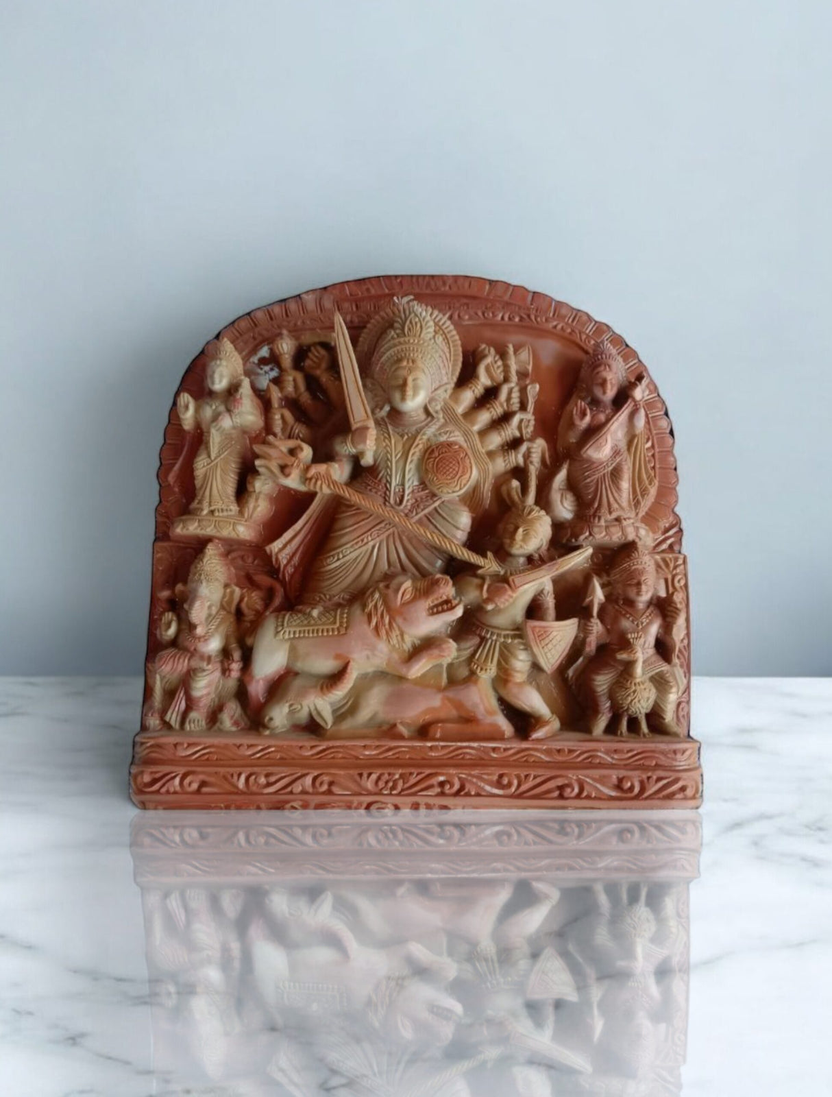Soapstone Carving – Durga Panel with Mahishasura Slaying Scene in Odisha Soapstone