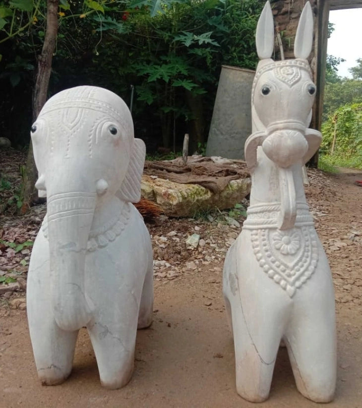 Soapstone Carving – Elephant & Horse Pair – Handcrafted Tribal Motif Sculpture