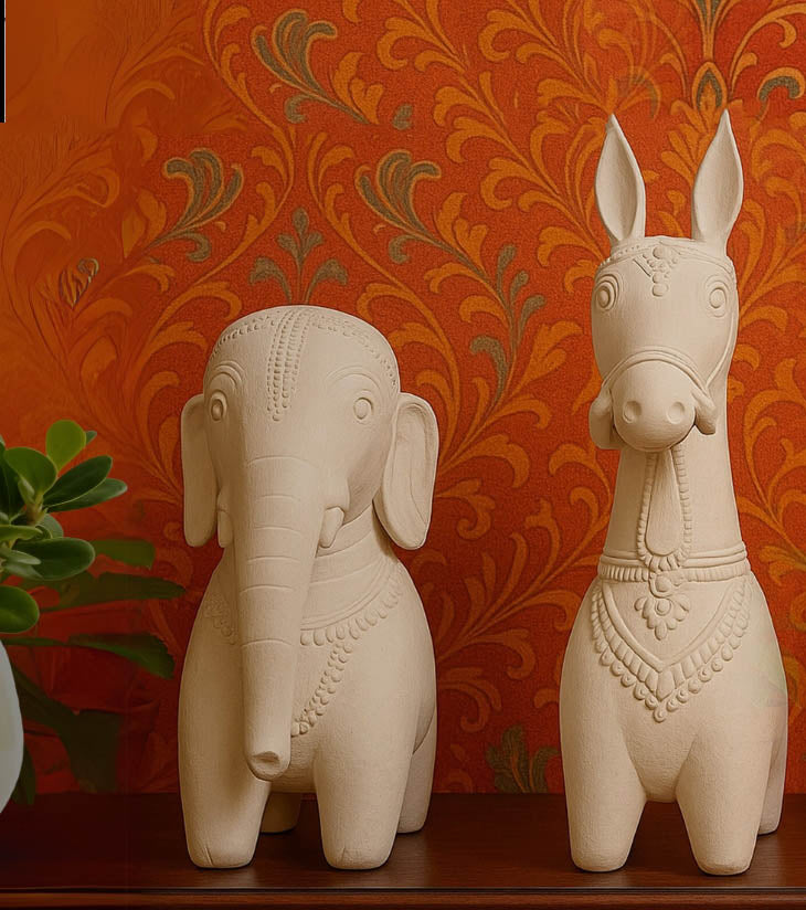 Soapstone Carving – Elephant & Horse Pair – Handcrafted Tribal Motif Sculpture