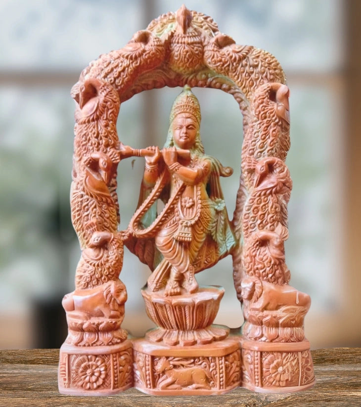 Odisha Soapstone Carving – Krishna with Peacocks – Handcrafted Divine Sculpture
