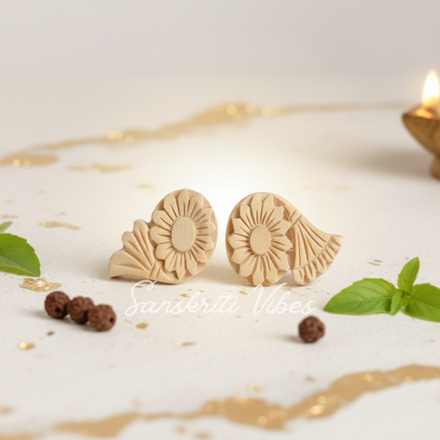 Attractive Flower Shaped Pure Tulsi Earrings – Sacred Tulsi Wood Studs for Spiritual Wear - Retail Maharaj
