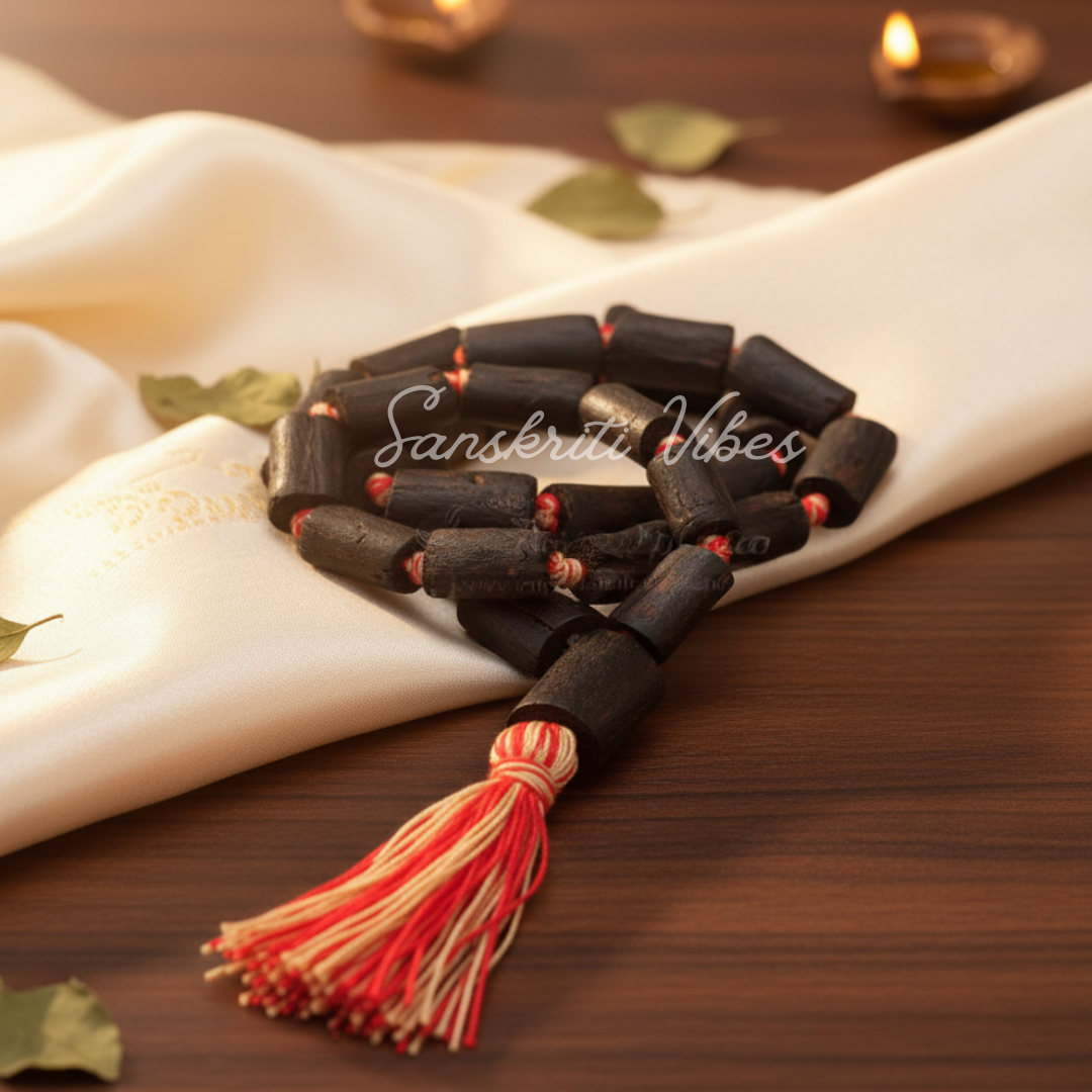 Shyama Tulsi Japa Mala 27 Beads Cylindrical Shape 25 mm - Black Tulsi Prayer Beads for Spiritual Practice