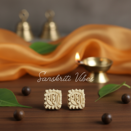 Square Shaped Radha Name Carved Tulsi Tops – 15mm Sacred Tulsi Wood Earrings for Shri Radha Devotees - Retail Maharaj