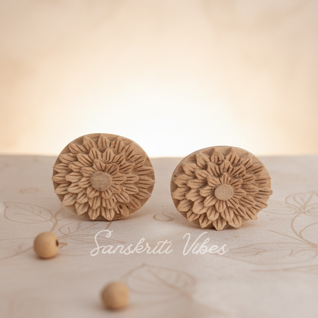 Tulsi Basil Earring – Original Beautiful Design 15mm Sacred Tulsi Wood Studs for Spiritual Wear - Retail Maharaj