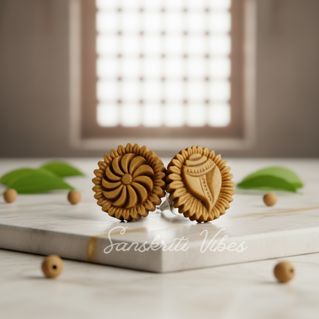 Shanka Chakra Tulsi Earrings – Sacred Tulsi Wood Studs for Shri Jagannath Ji Devotees - Retail Maharaj
