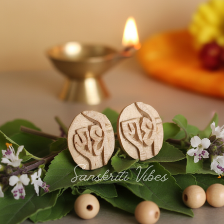 Radhey Radhey Carved Tulsi Earring Studs – Divine Sacred Tulsi Wood Earrings for Spiritual Connection - Retail Maharaj