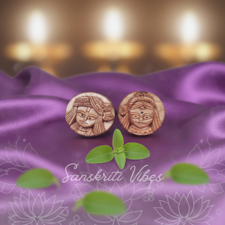 Radha Krishna Faced Handmade Tulsi Earrings – 20mm Sacred Tulsi Wood Studs for Shri Krishna & Shri Radha Devotees - Retail Maharaj