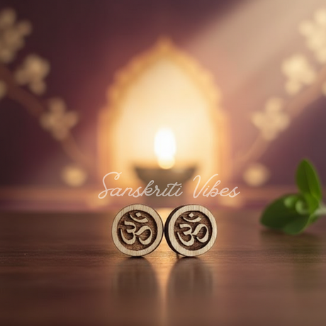 Om Carved Tulsi Earrings – Beautifully Designed Sacred Tulsi Wood Studs for Spiritual Wear - Retail Maharaj