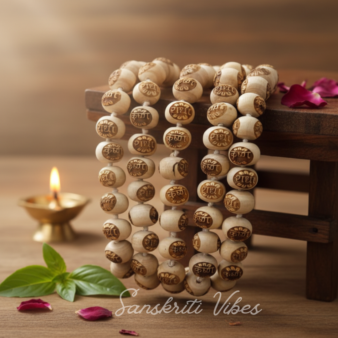 108 Beads Radha with Krishna Tulsi Japa Mala – Round Shape, 10 MM Beads for Meditation and Chanting