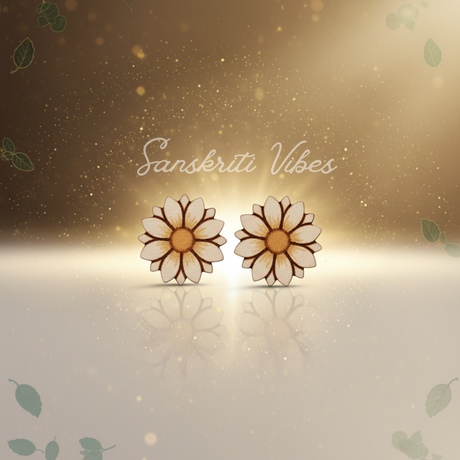 Beautiful Sunflower Flower Designed Tulsi Earring Studs – 14mm Sacred Tulsi Wood Studs for Spiritual Wear - Retail Maharaj