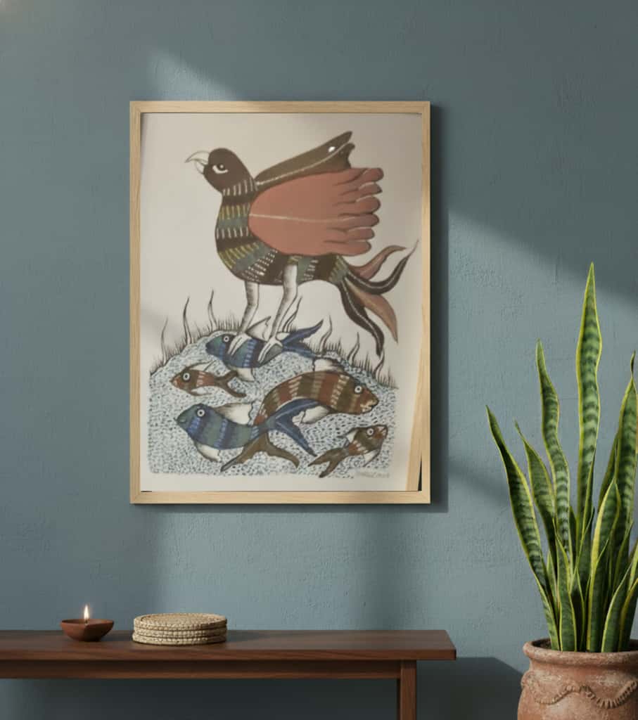 Authentic Gond Painting – Mythical Bird & Fish Scene Handmade Tribal Art (11 × 15 Inch)