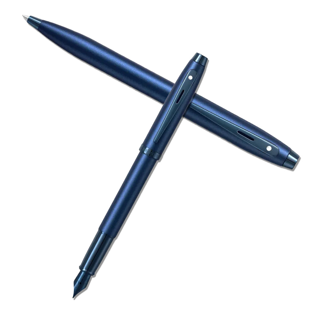 Sheaffer 100 Satin Blue Fountain Pen with PVD Blue Trim Medium Nib