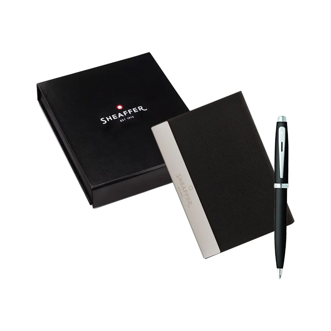 Sheaffer 100 Ballpoint Pen and Business Card Holder Gift Set Brushed Chrome