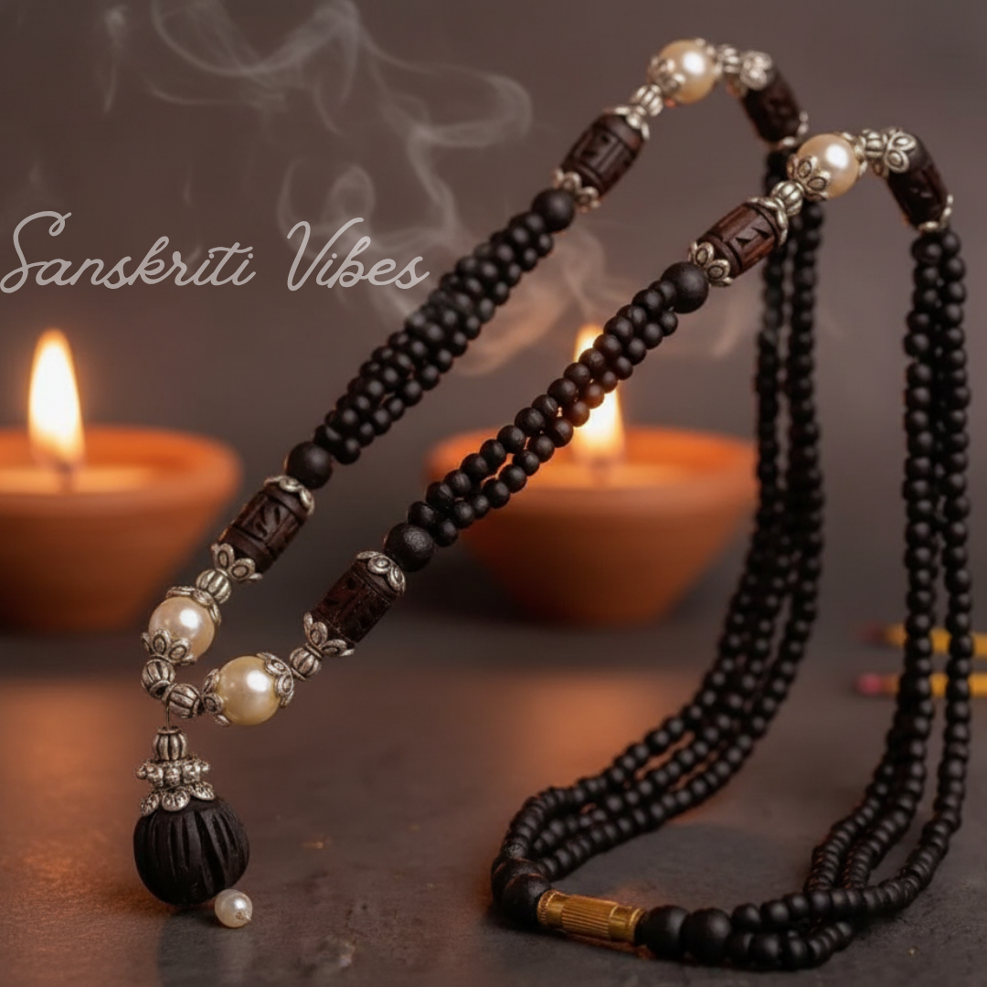 Triple Layer Black Tulsi Kanthi Garland with Real Pearl and 92.5 Silver | Handcrafted Spiritual Mala for Peace, Protection and Positive Energy