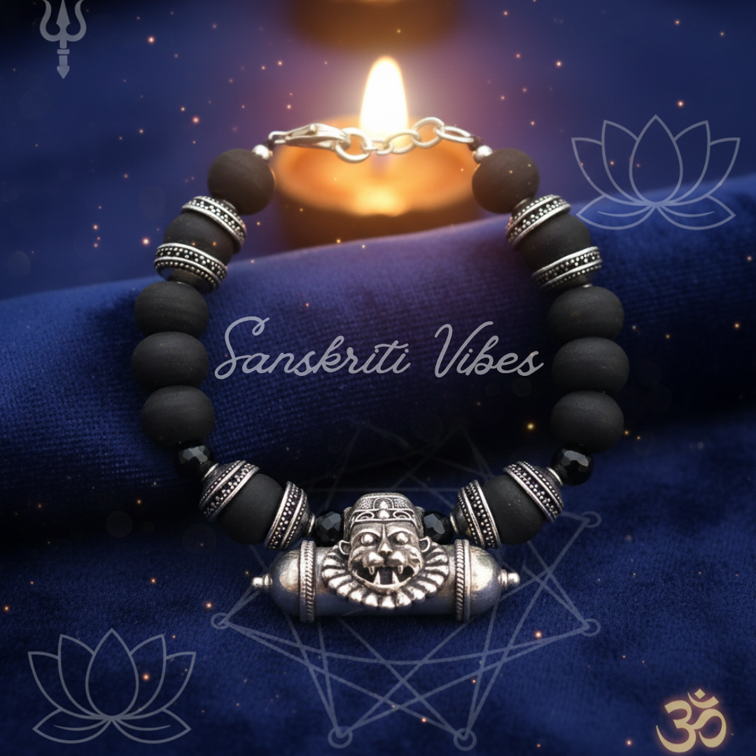 Narasimha Kavach with Black Tulsi Beads Bracelet in Silver – Divine Protection Jewelry