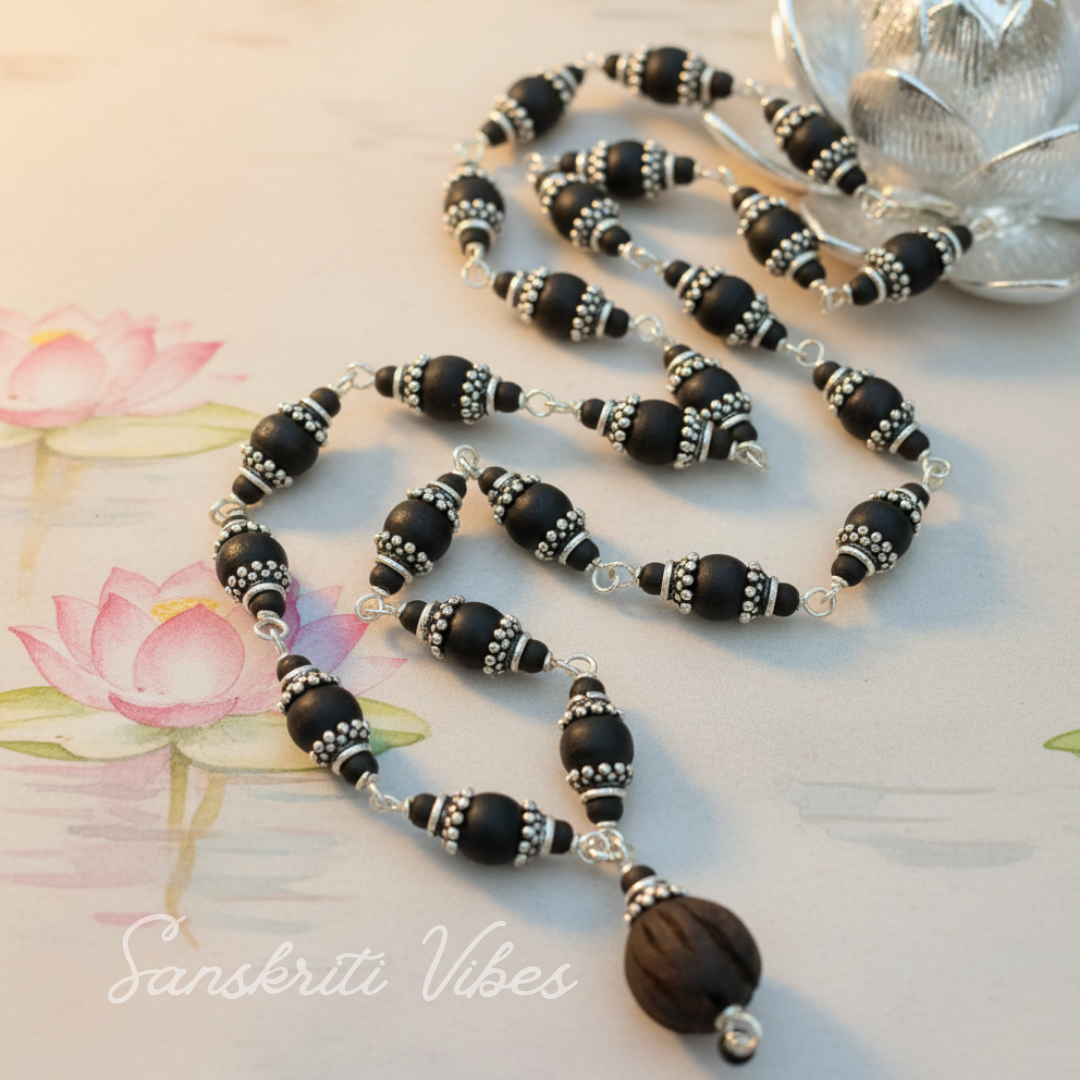 Lotus Beads Silver Tulsi Kanthi Mala – 20-Inch Handcrafted Spiritual Necklace, 8 mm Beads, 92.5% Pure Silver