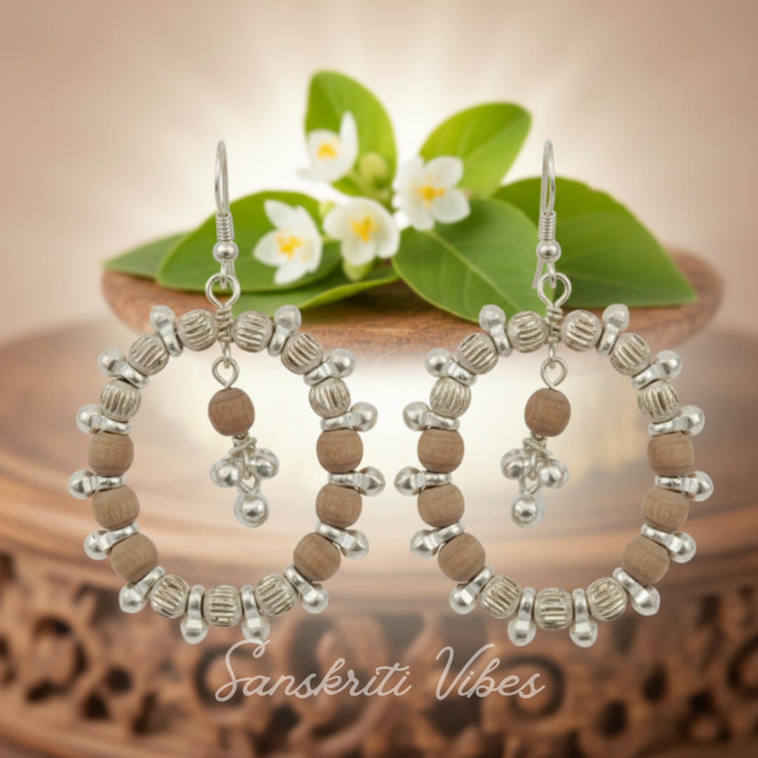 Premium Silver Tulsi Beads Kundal – 92.5% Silver with Tulsi Beads