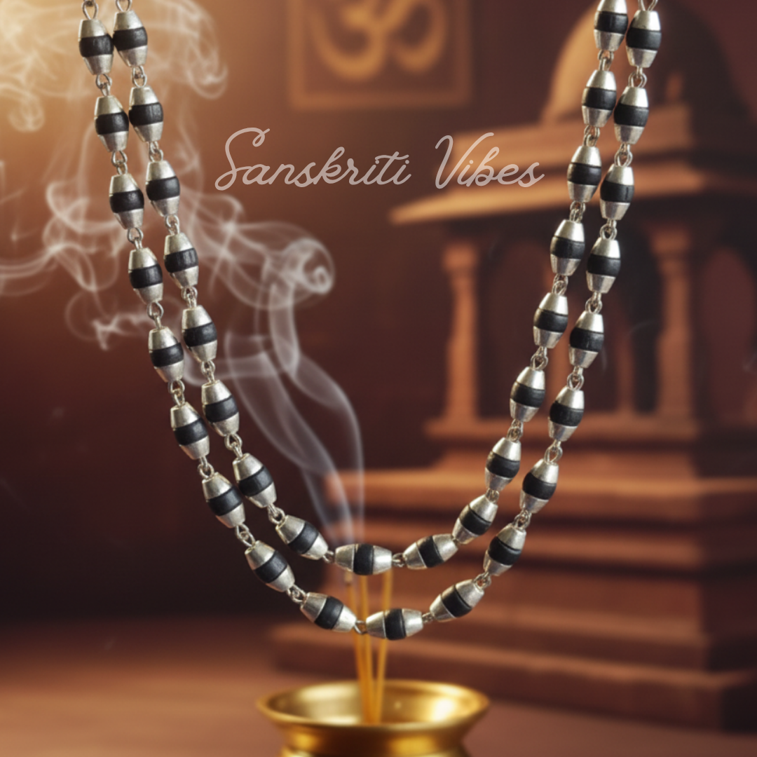 Sterling Silver Black Rosary Beads with Silver Cap Tulsi Mala – 24 Inches
