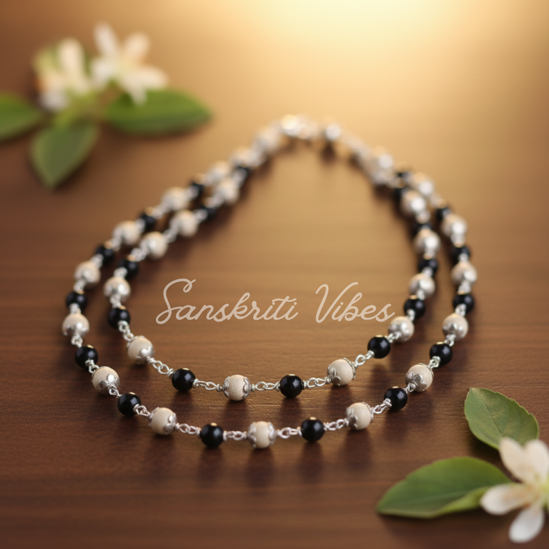 Sterling Silver Chain with Tulsi Rosary Beads and Black Pearl – 24 Inches, 9.20 gm