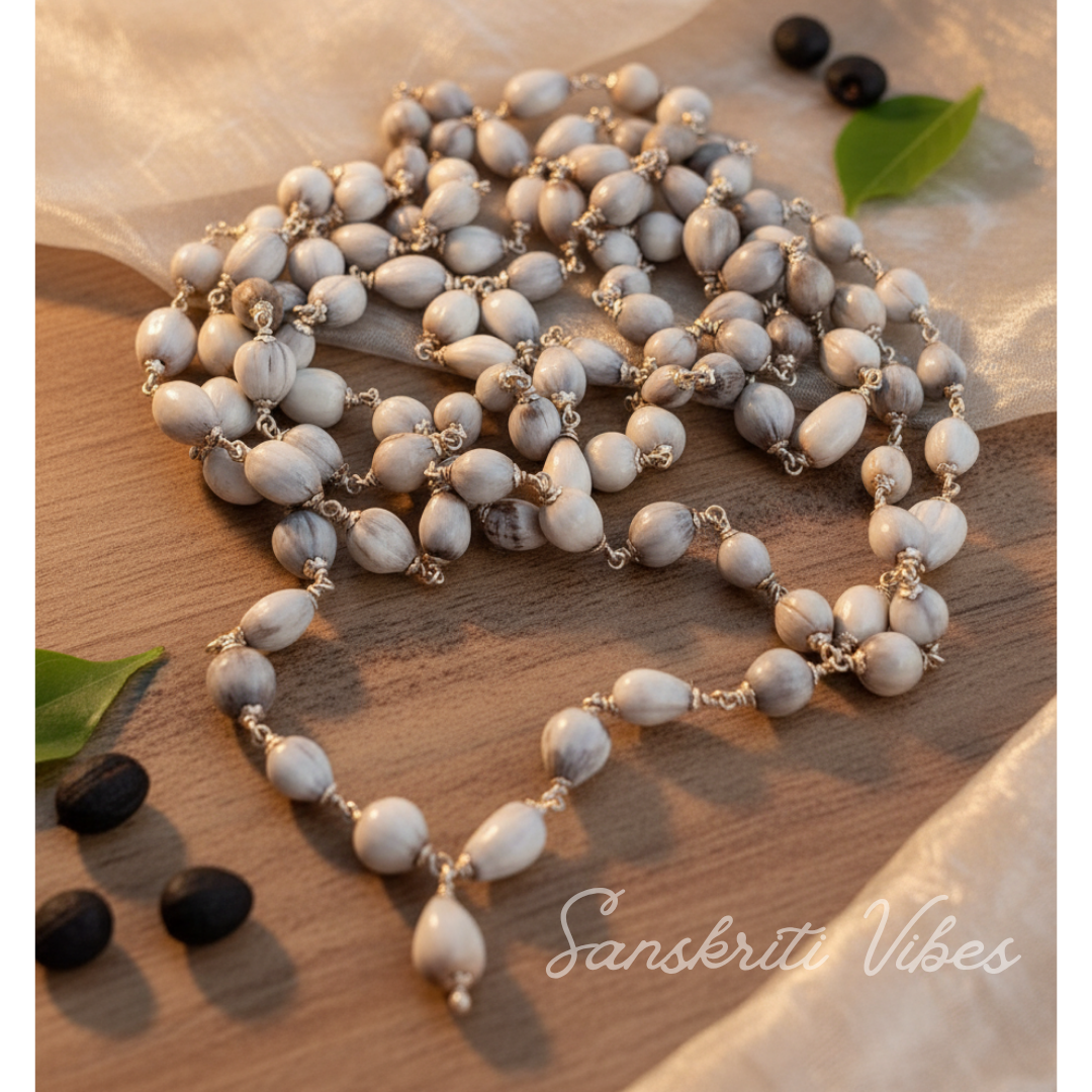 100 Percent Natural Vaijanti Seeds Mala 108+1 Beads with Silver Capping for Jap Meditation and Daily Wearing
