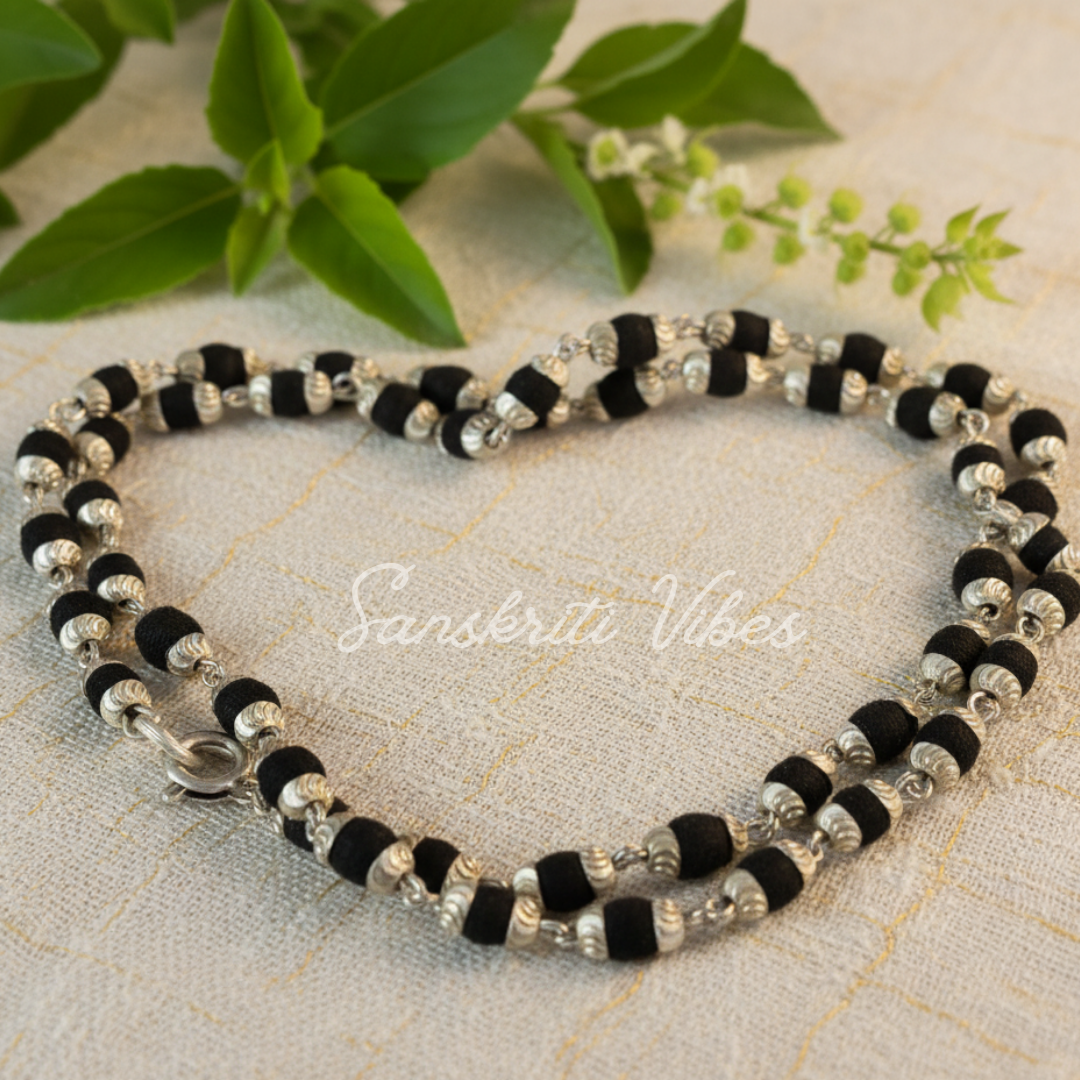 Handcrafted Silver Black Tulsi Kanthi Mala – Lightweight Spiritual Necklace for Meditation & Devotion
