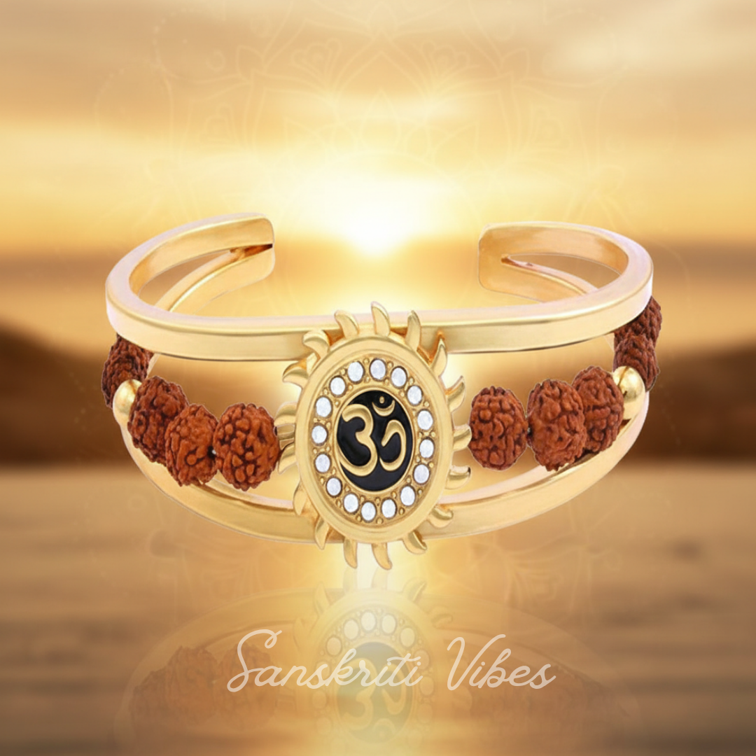 Gold Om Sun Cuff Rudraksha Kada Adjustable Spiritual Bracelet for Men and Women - Retail Maharaj