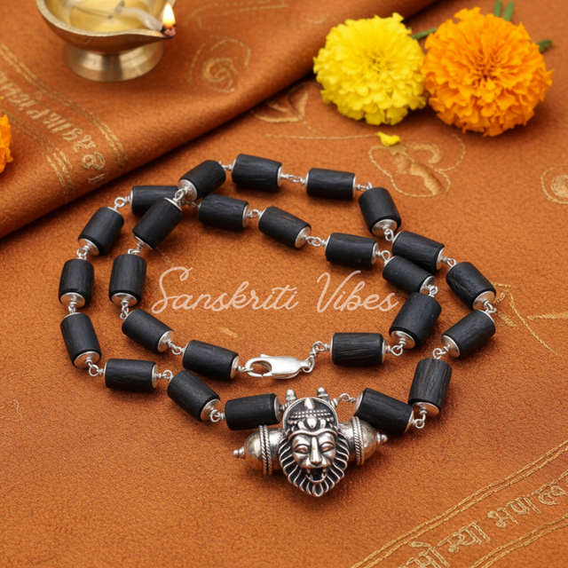Narasimha Kavach with Shyama Black Original Tulsi and Silver Cap Necklace – 20 Inch 92.5% Pure Silver Cylindrical Beads Mala - Retail Maharaj