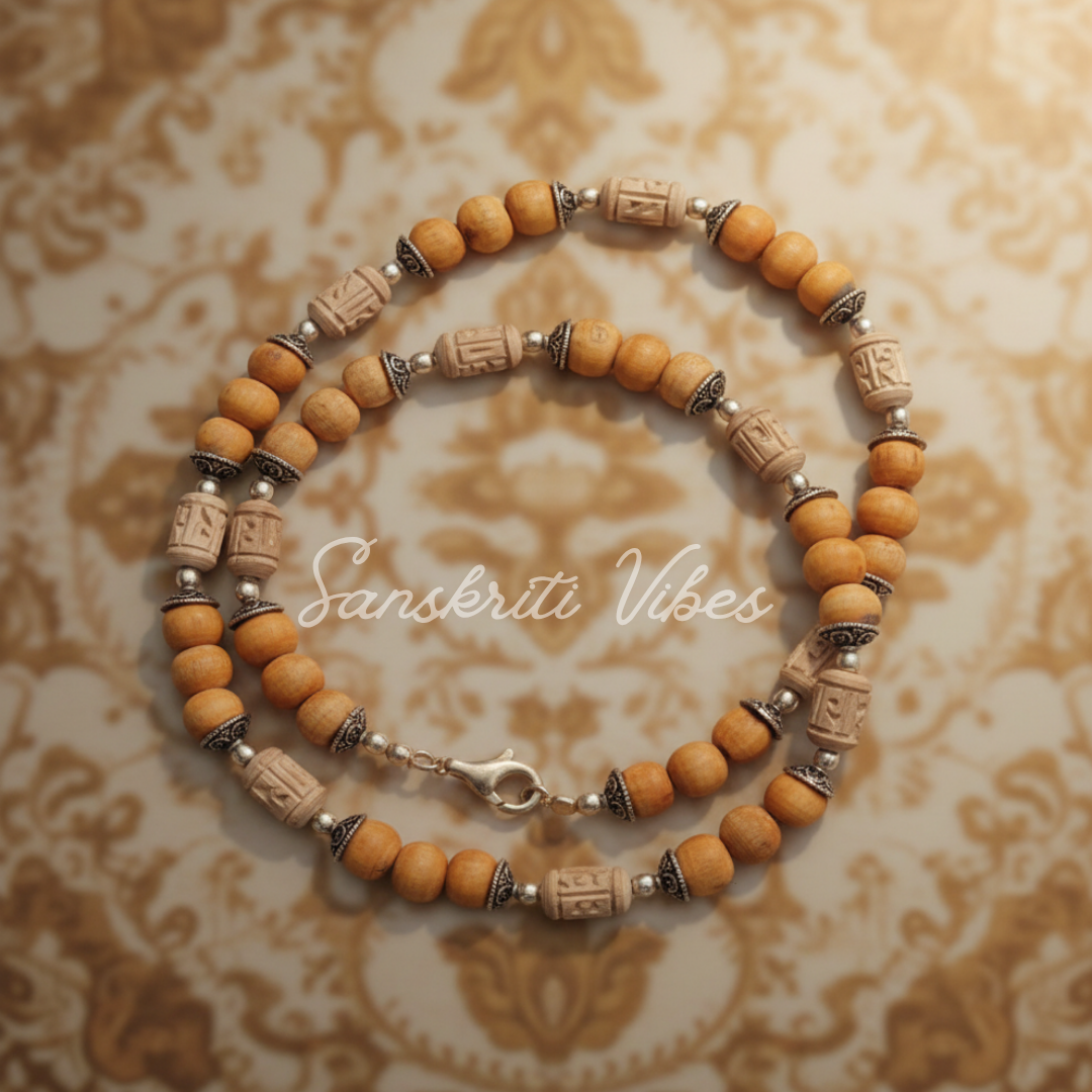 Radha Naam Silver Tulsi Kanthi Mala – 19 Inch Traditional Hand-Carved Spiritual Necklace for Devotion and Meditation