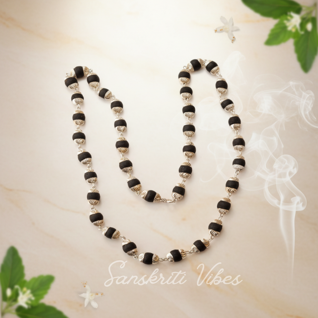 Sterling Silver Black Tulsi Beads Kanthi Mala – 24 Inch Handmade Spiritual Necklace, 92.5% Pure Silver