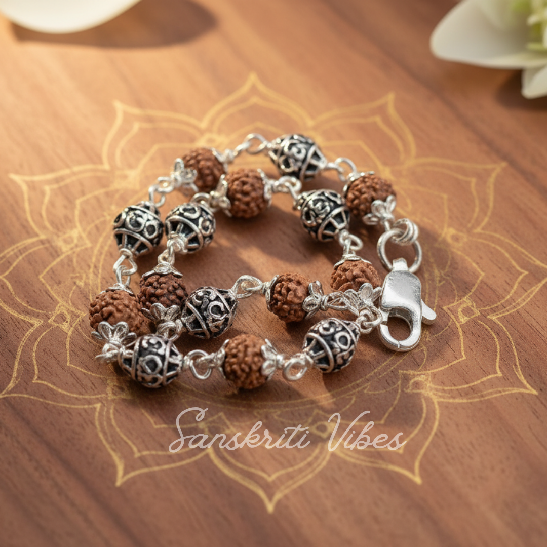 Silver Om Carved Rudraksha Bracelet – Divine Spiritual Jewelry