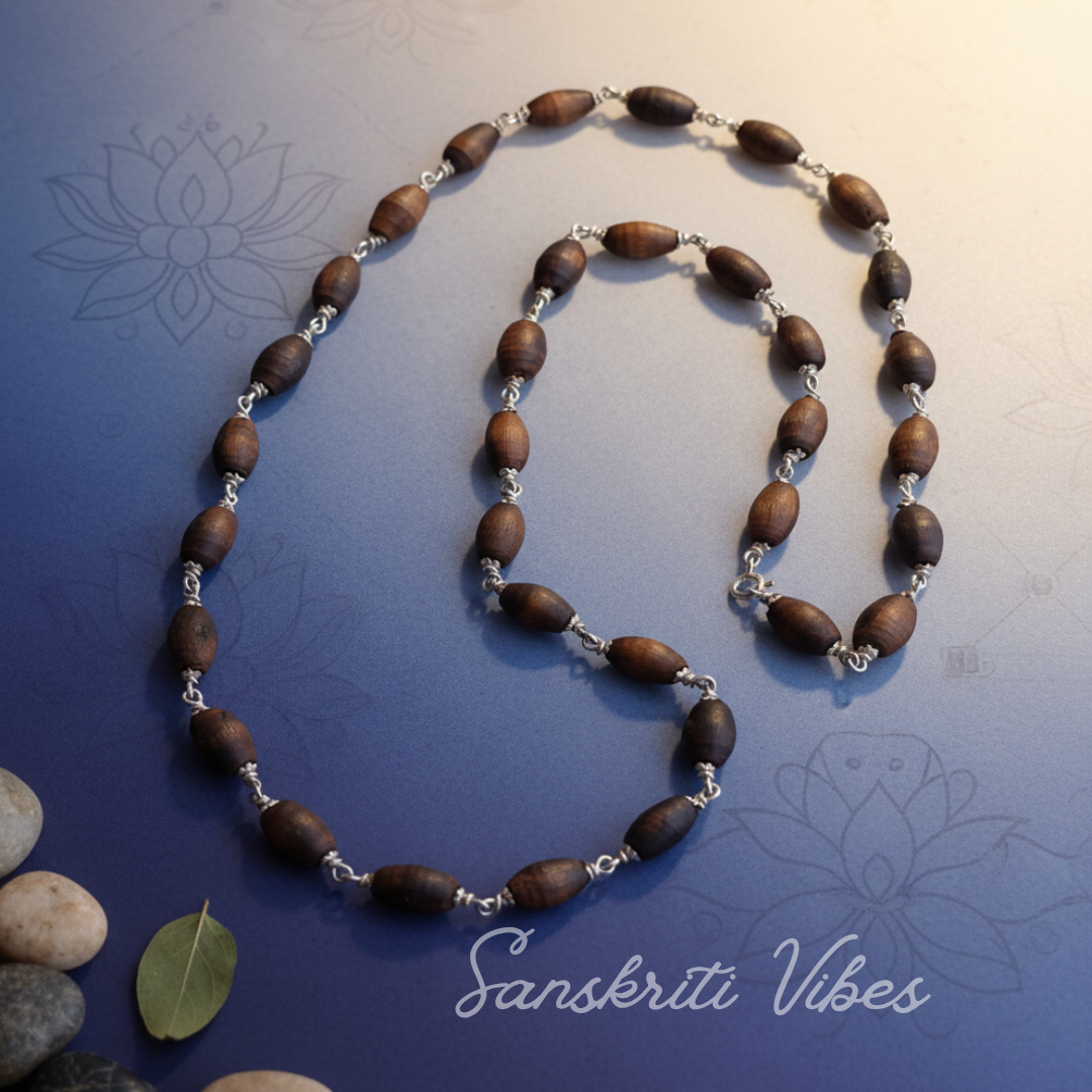 Pure Silver Shyma Tulsi Mridangam Beads Mala – 20 Inch Handcrafted Spiritual Necklace, 92.5% Sterling Silver