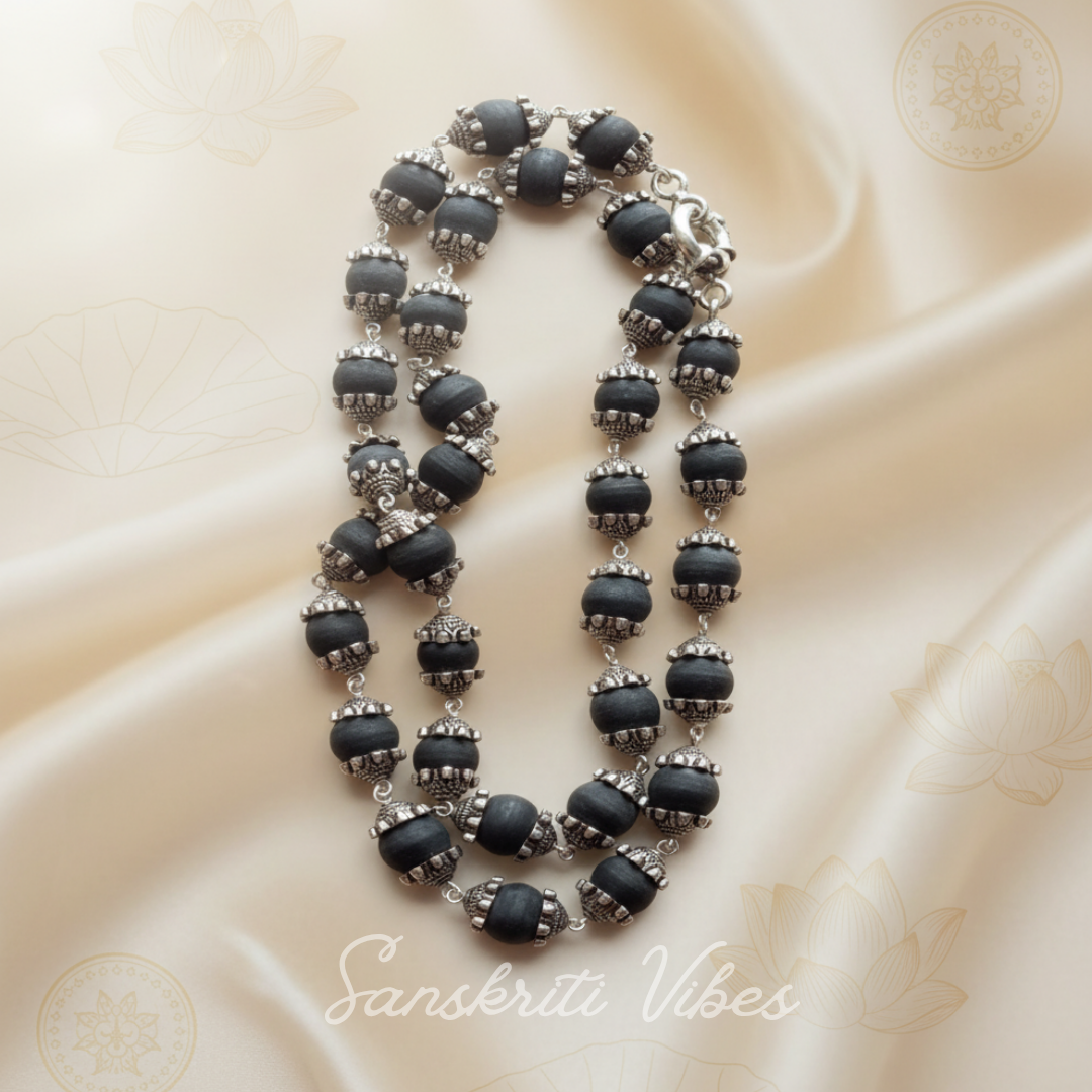 Natural Black Tulsi Beads Mala with Sterling Silver – 19-Inch Handcrafted Spiritual Necklace, 10 mm Beads, 92.5% Pure Silver