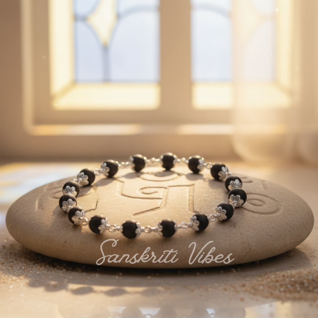 Silver Capping Black Shyama Tulsi Bracelet – Spiritual Elegance