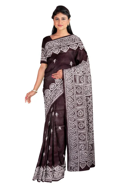 Kantha Silk Saree – Chocolate Brown - Retail Maharaj