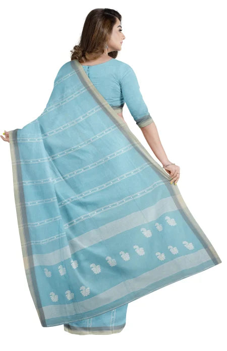 Handwoven Tangail Cotton Saree – Sky Blue - Retail Maharaj