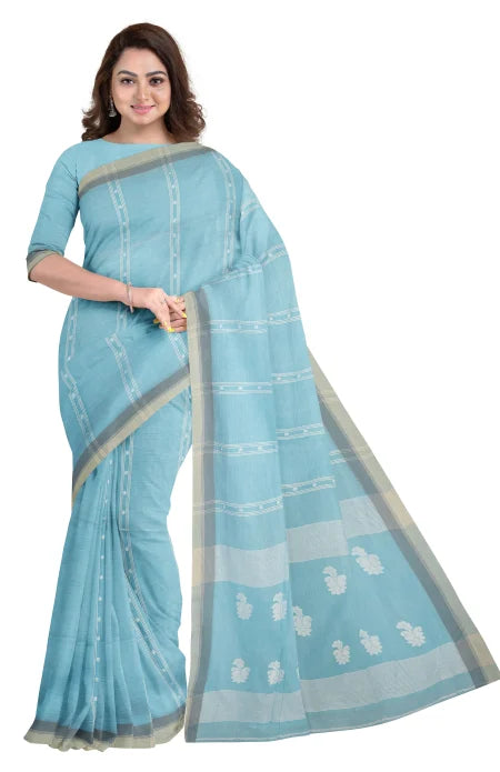 Handwoven Tangail Cotton Saree – Sky Blue - Retail Maharaj