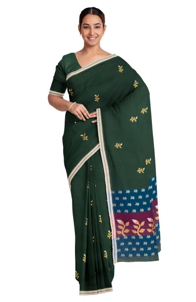 Handwoven Tangail Cotton Saree – Dark Green - Retail Maharaj
