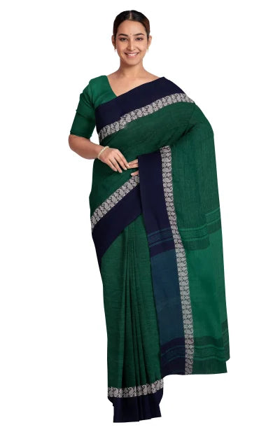 Handwoven Tangail Cotton Saree – Emerald Green