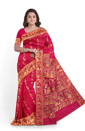 Baluchari Silk Saree with Mina Work – Rose Red - Retail Maharaj