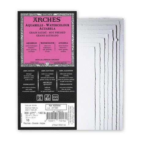 Arches Hot Press Watercolour Paper Sheets 300 GSM 56 x 76 cm Pack of 10 with 4 Deckle Edges - Retail Maharaj