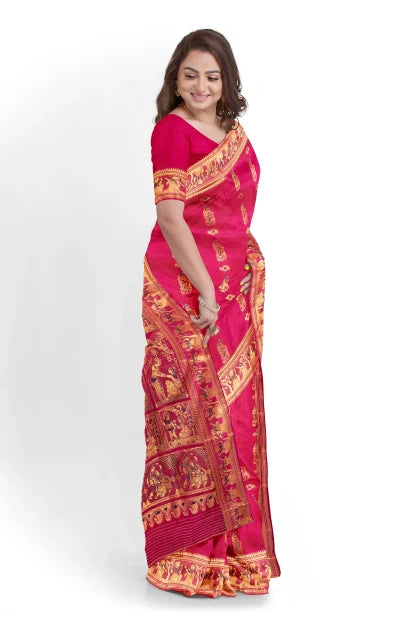 Baluchari Silk Saree with Mina Work – Rose Red - Retail Maharaj