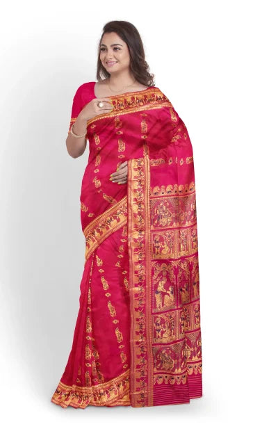 Baluchari Silk Saree with Mina Work – Rose Red - Retail Maharaj