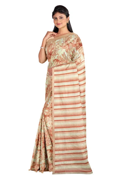 Calcutta Retro – Handwoven Printed Silk Saree – Beige - Retail Maharaj