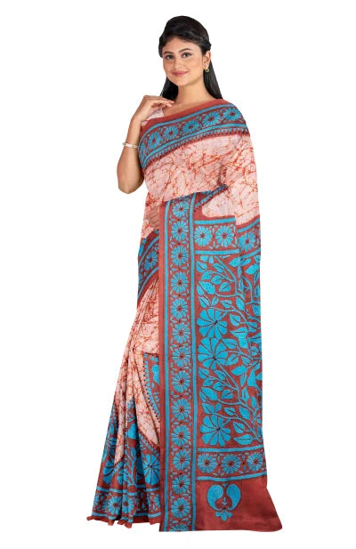 Handcrafted Kantha Silk Saree – Multi Colour - Retail Maharaj