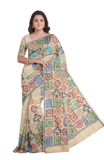 Handcrafted Kantha Tussar Silk Saree – Multi Colour - Retail Maharaj