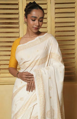 Handwoven Muslin Cotton Saree – Hand Block Printed with Metallic Gold - Retail Maharaj