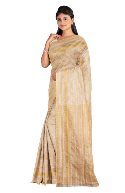 Off-White Tangail Handwoven Golden Zari Silk Saree - Retail Maharaj