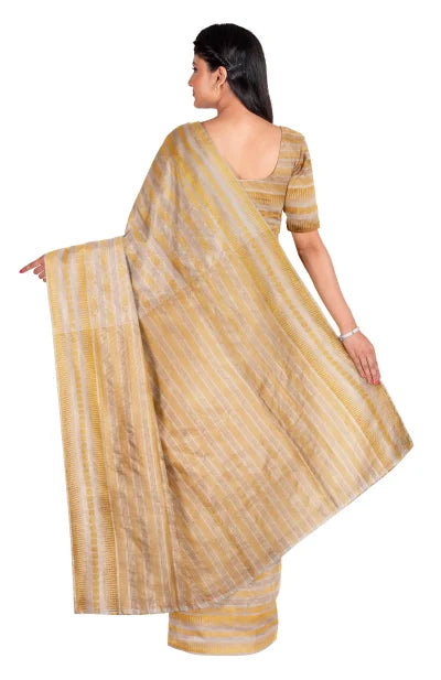 Off-White Tangail Handwoven Golden Zari Silk Saree - Retail Maharaj